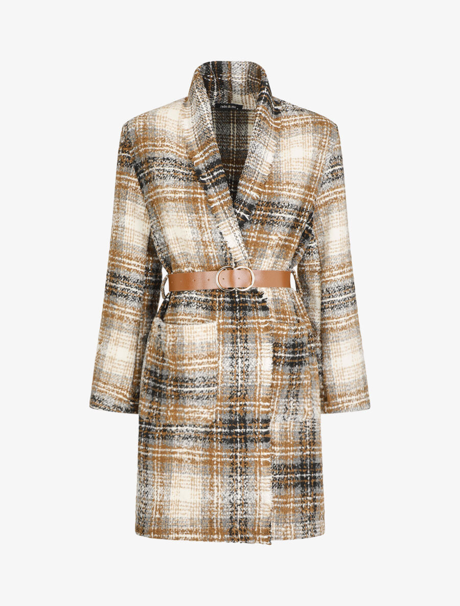 Manteau léger effet tweed motif carreaux - Camel - 5