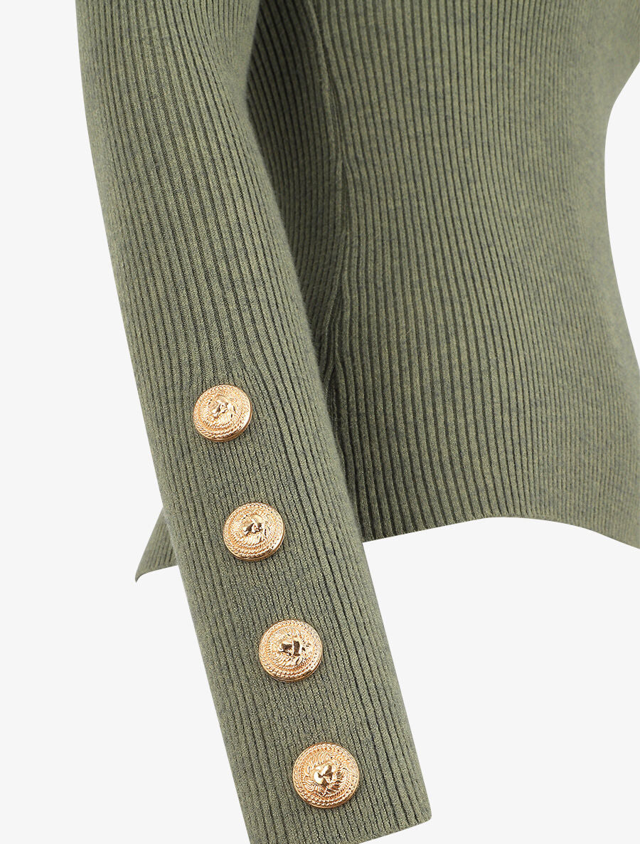 Pull col montant ajusté à boutons - Kaki - 3