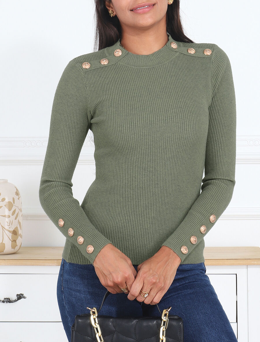 Pull col montant ajusté à boutons - Kaki - 4
