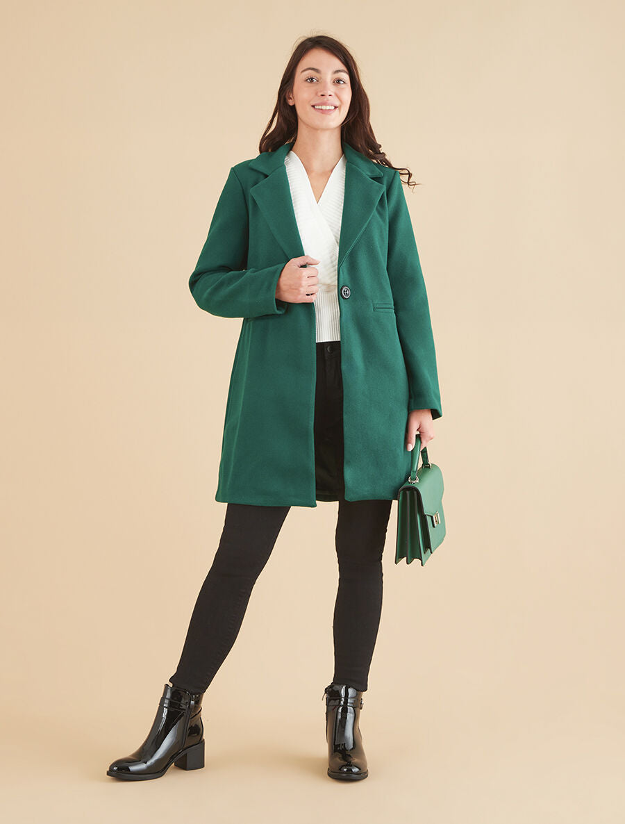Manteau mi-long uni en laine mélangée - Vert - 4
