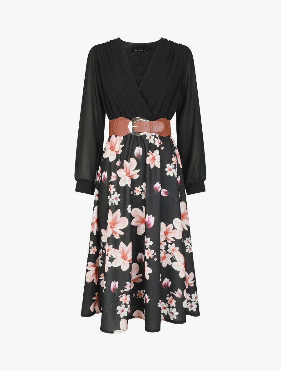 Robe longue à fleurs et col cache-coeur - Noir - 1