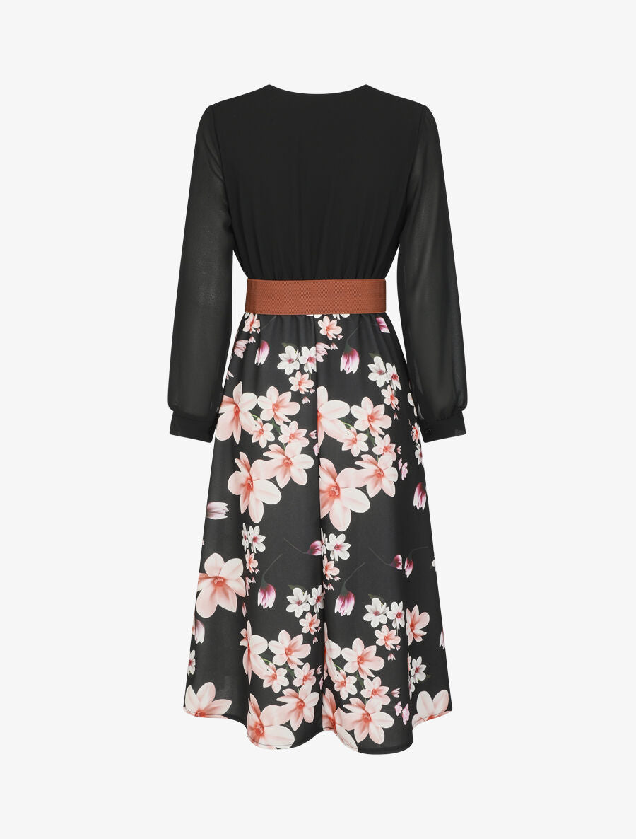 Robe longue à fleurs et col cache-coeur - Noir - 2