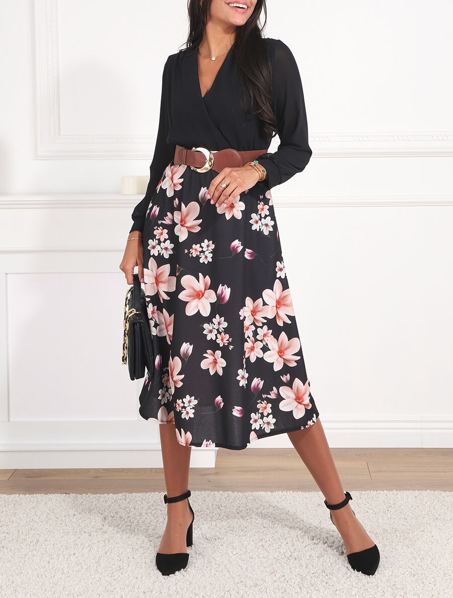 Robe longue à fleurs et col cache-coeur - Noir - 4
