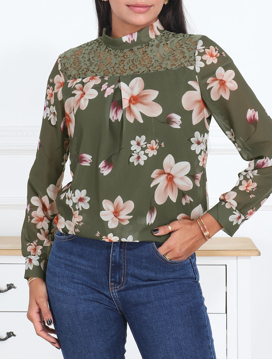 Top fleuri en dentelle - Kaki - 4