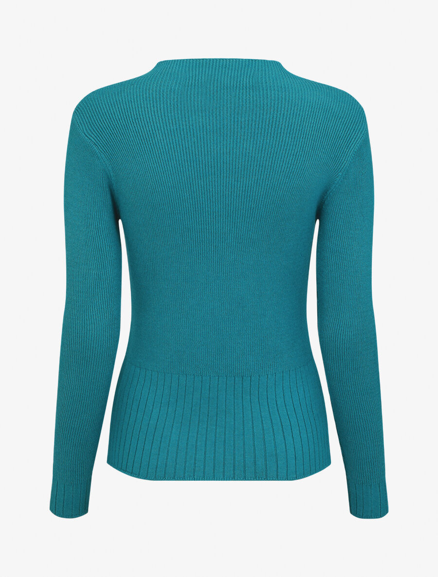Pull uni côtelé à col montant - Bleu canard - 2