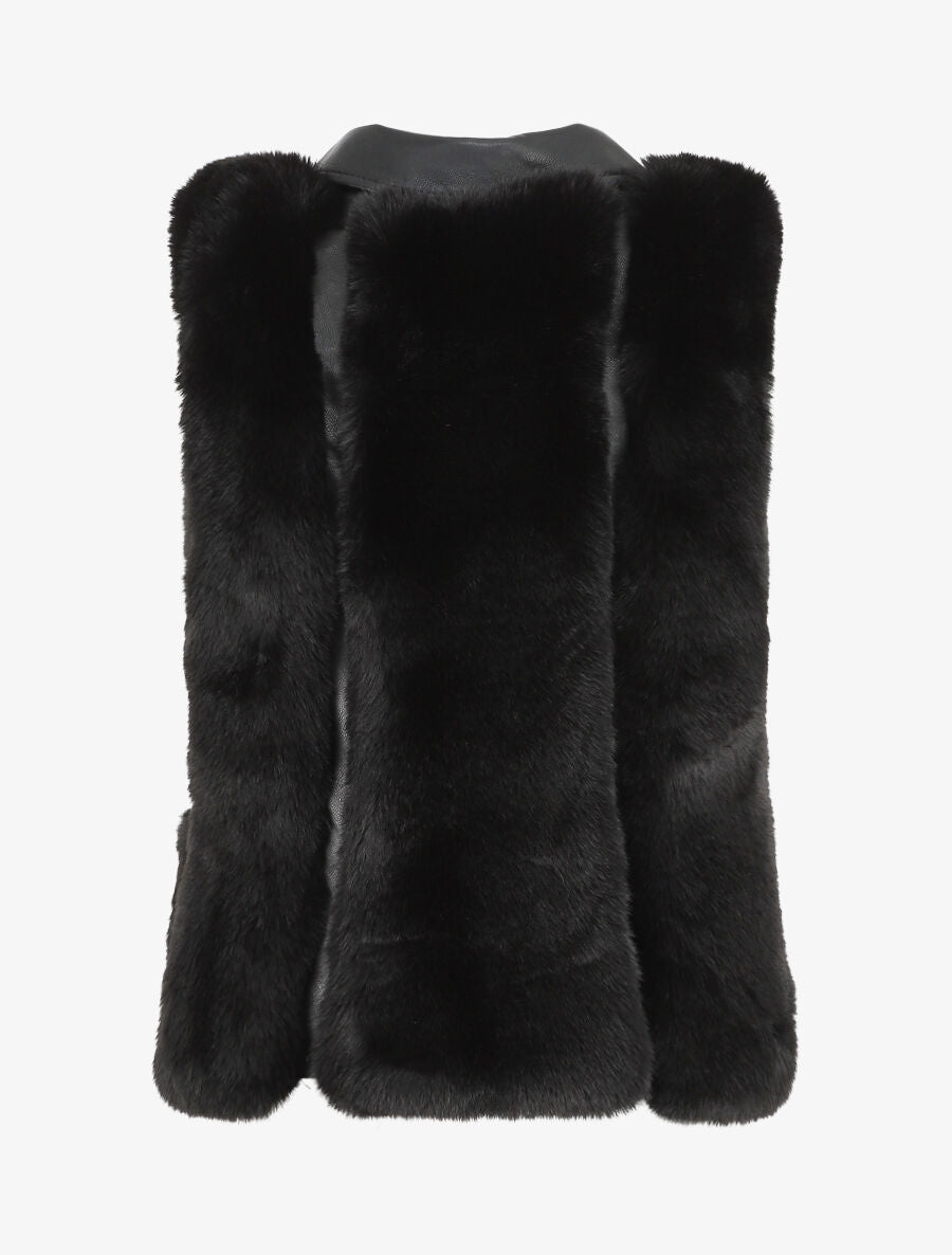 Veste sans manches en simili et fausse fourrure - Noir - 2