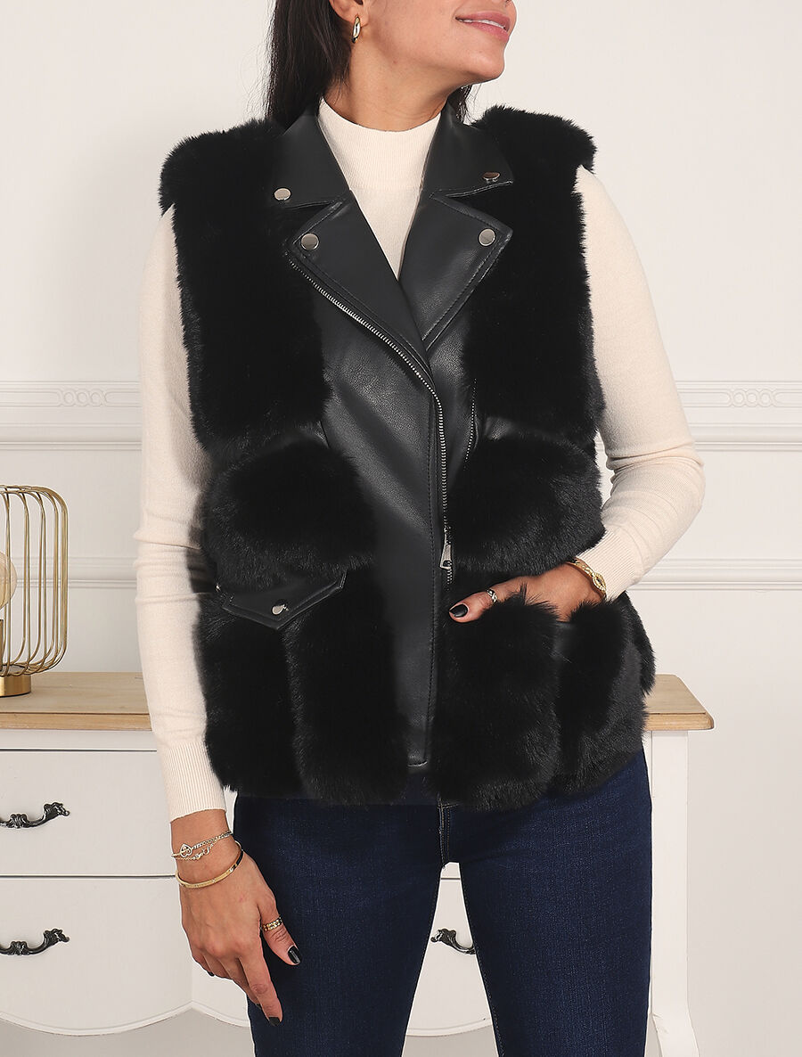 Veste sans manches en simili et fausse fourrure - Noir - 3