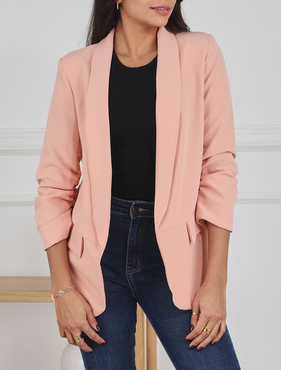 Blazer droit uni manches 3/4 froncées - Rose - 4