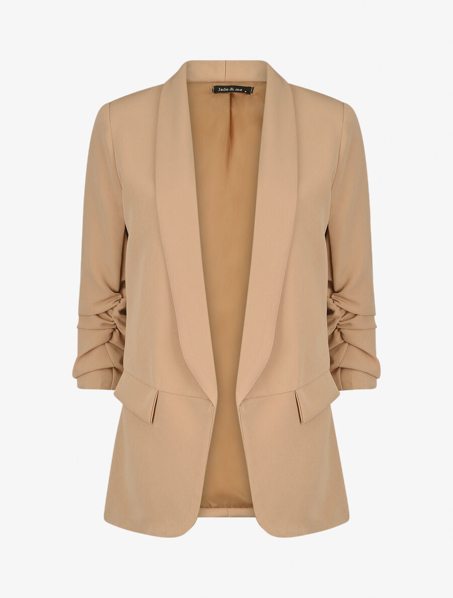 Blazer droit uni manches 3/4 froncées - Beige - 5
