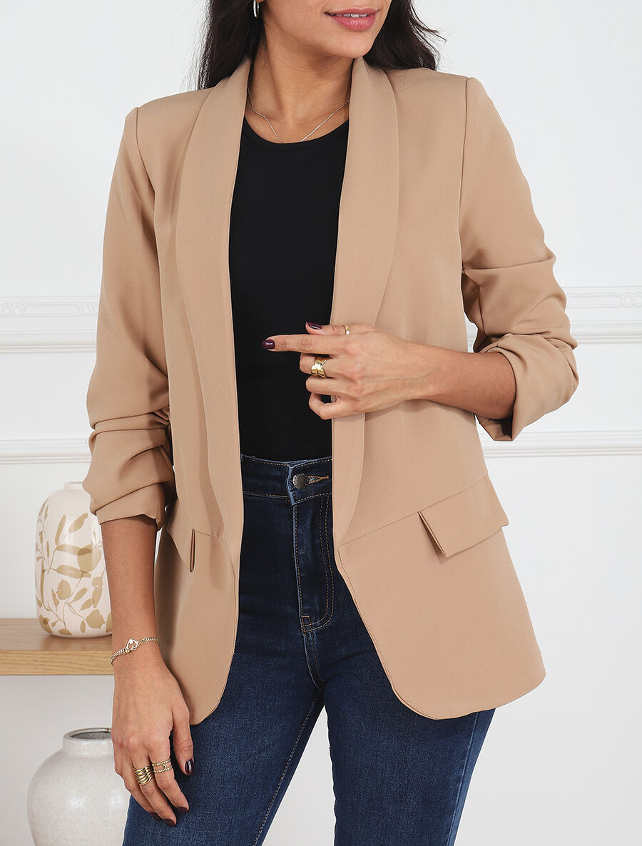 Blazer droit uni manches 3/4 froncées - Beige - 4