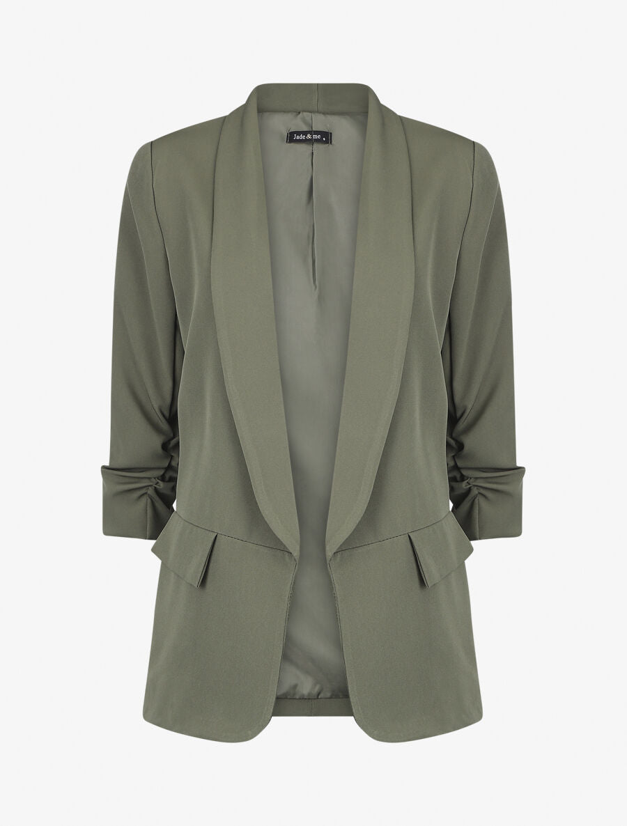 Blazer droit uni manches 3/4 froncées - Kaki - 1
