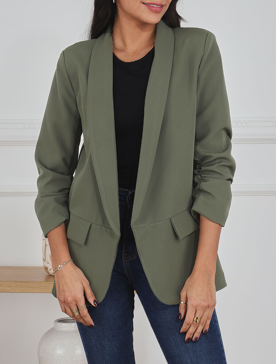 Blazer droit uni manches 3/4 froncées - Kaki - 4