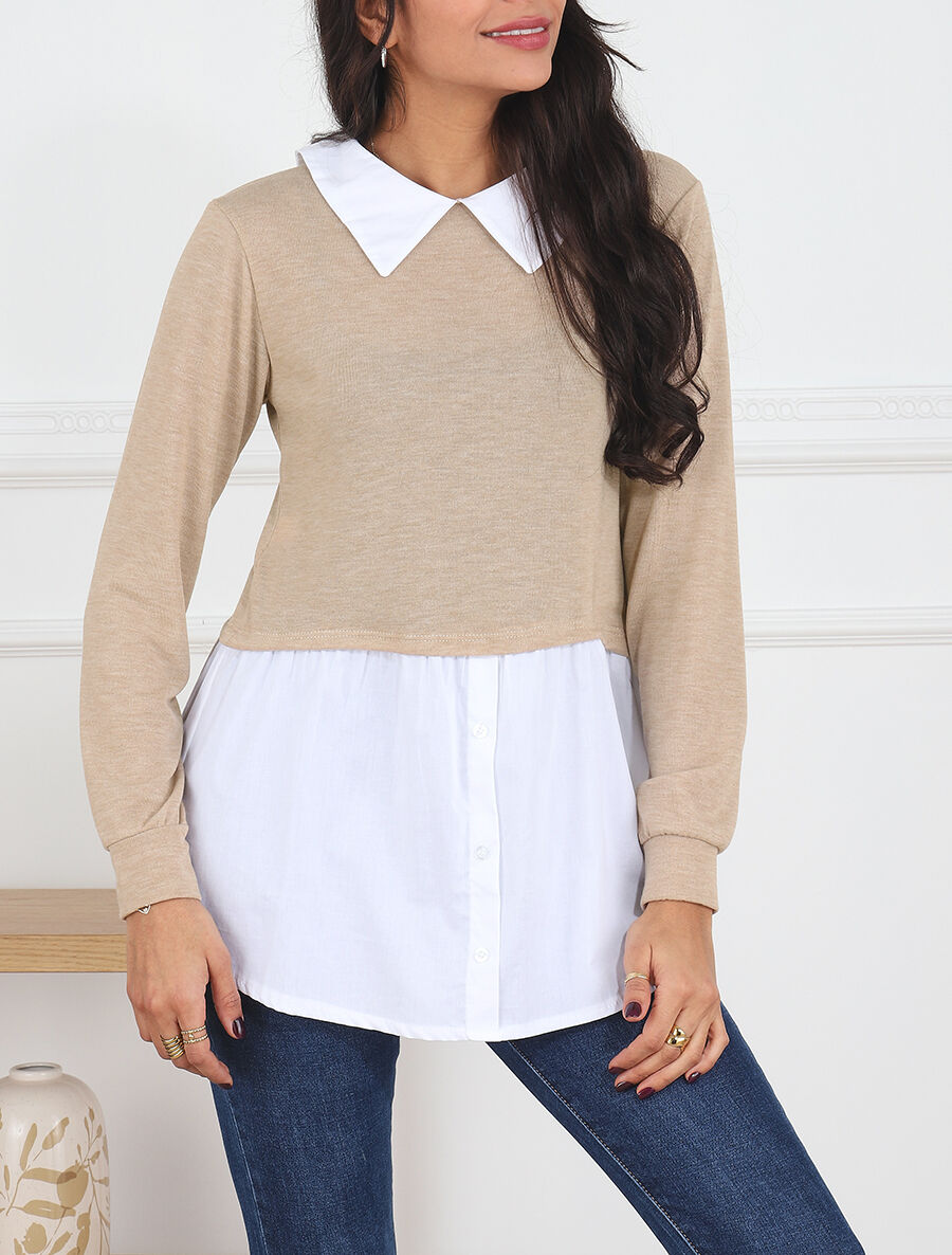 Pull à chemise superposée - Beige - 4