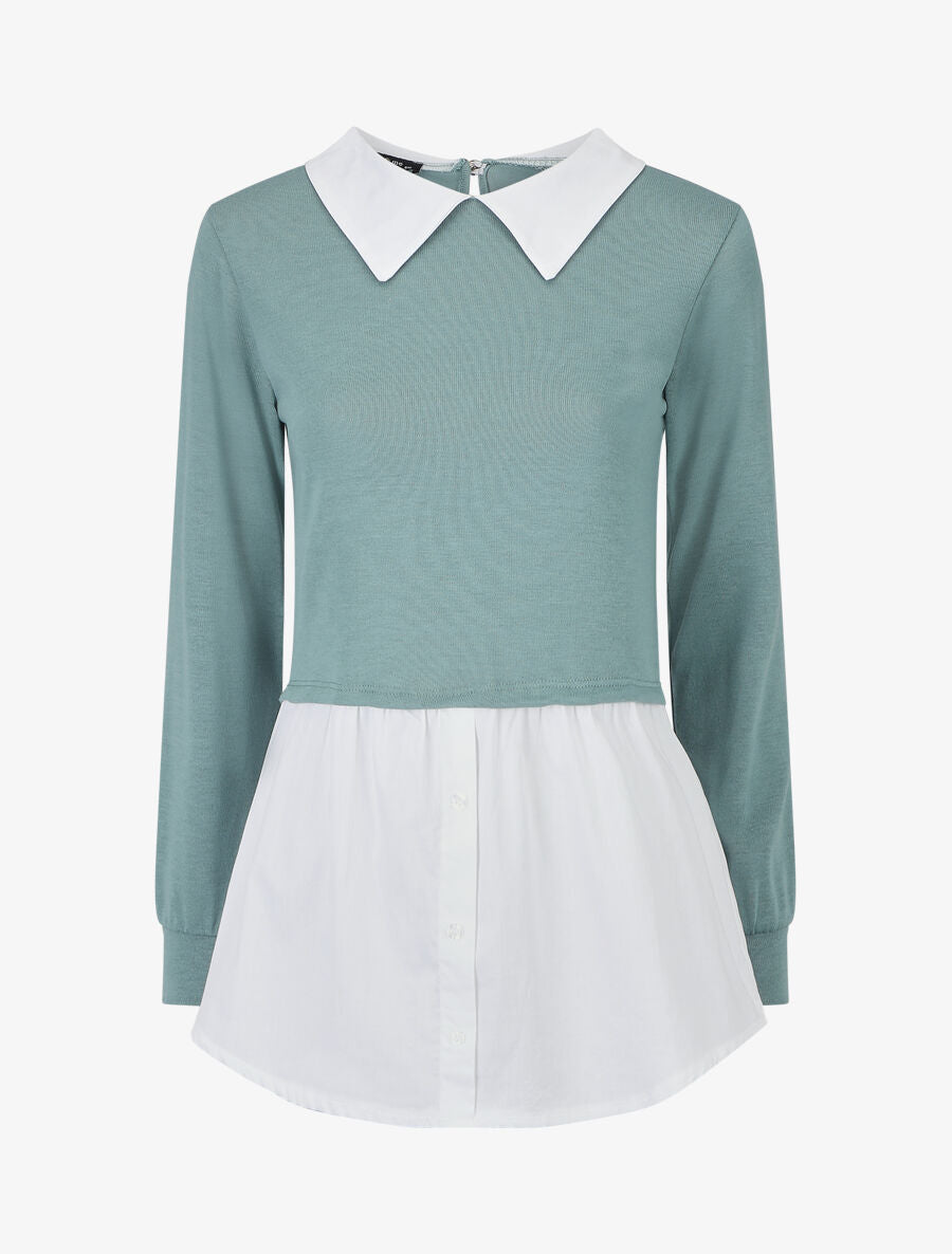 Pull à chemise superposée - Bleu ciel - 1