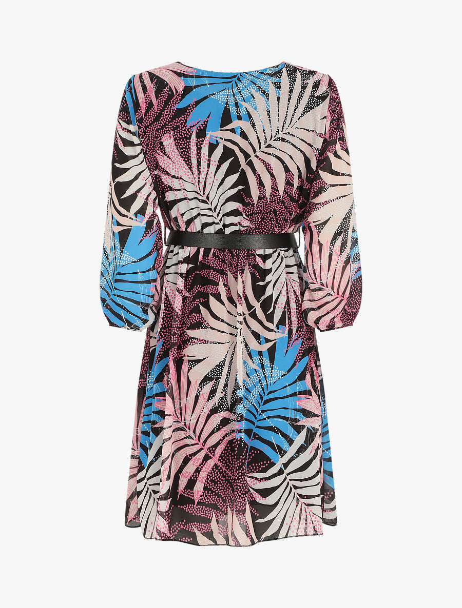 Robe manches 3/4 imprimé feuille fantaisie - Noir - 2