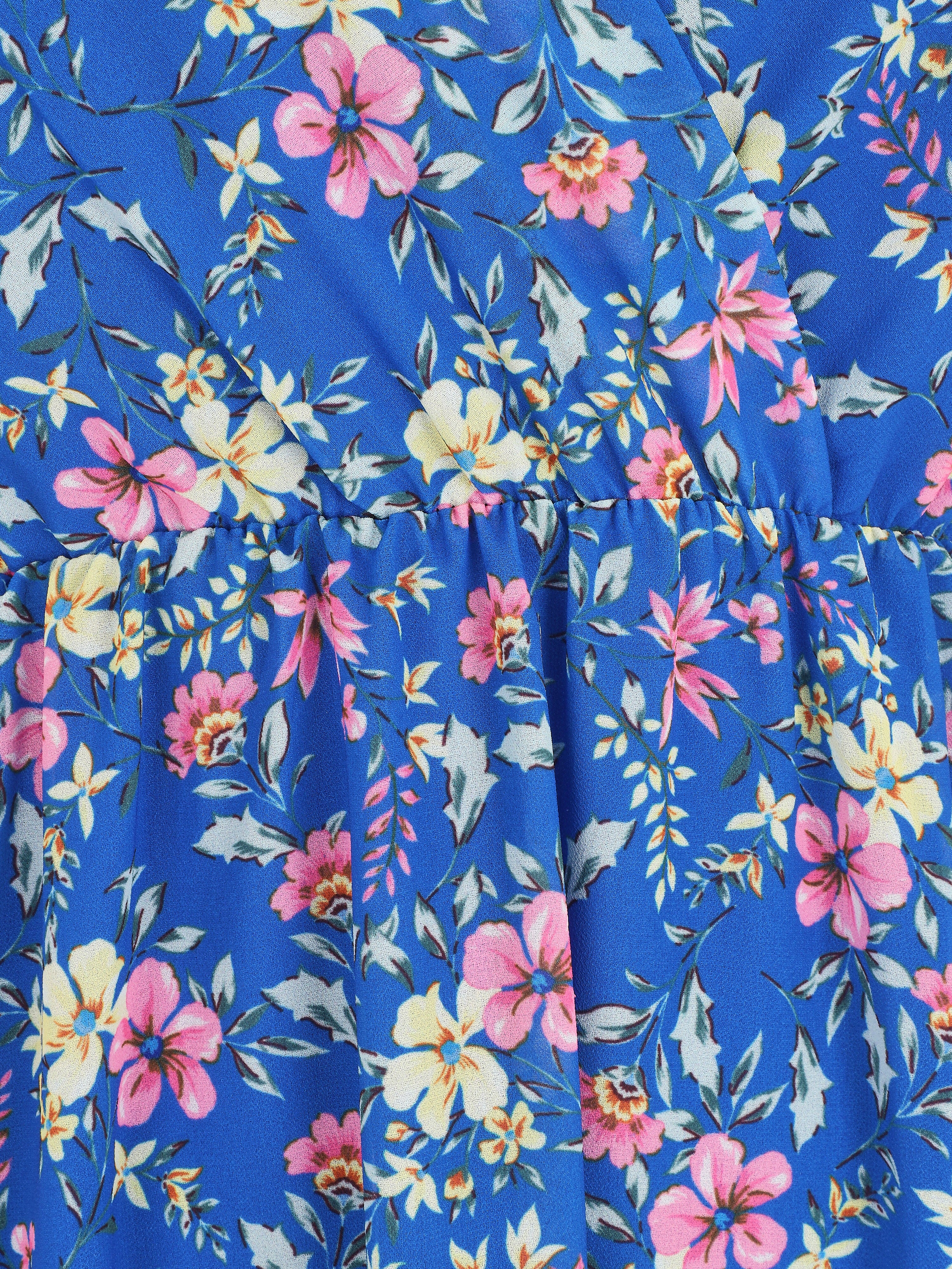 Robe courte fleurie sans manches col cache-coeur - Bleu - 3
