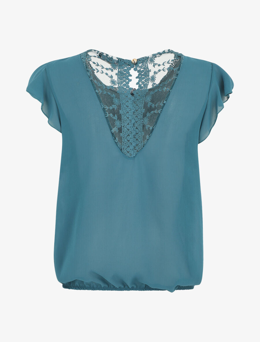 Top uni à mancherons et dos en dentelle - Bleu canard - 2