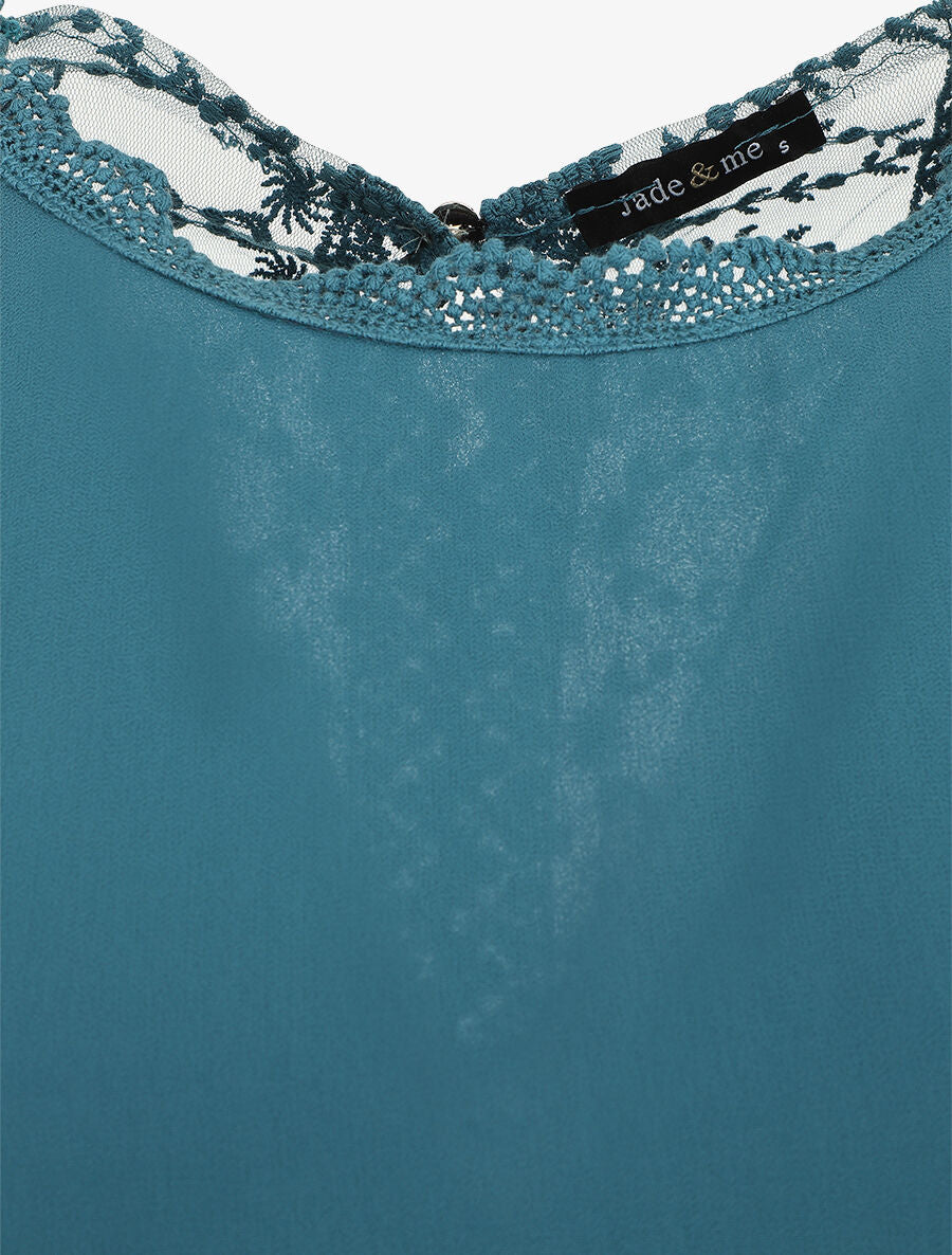 Top uni à mancherons et dos en dentelle - Bleu canard - 3