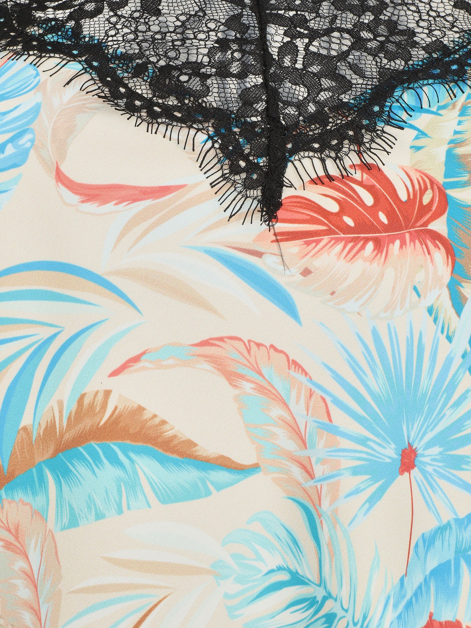 Caraco satiné imprimé tropical et dentelle - Beige - 3