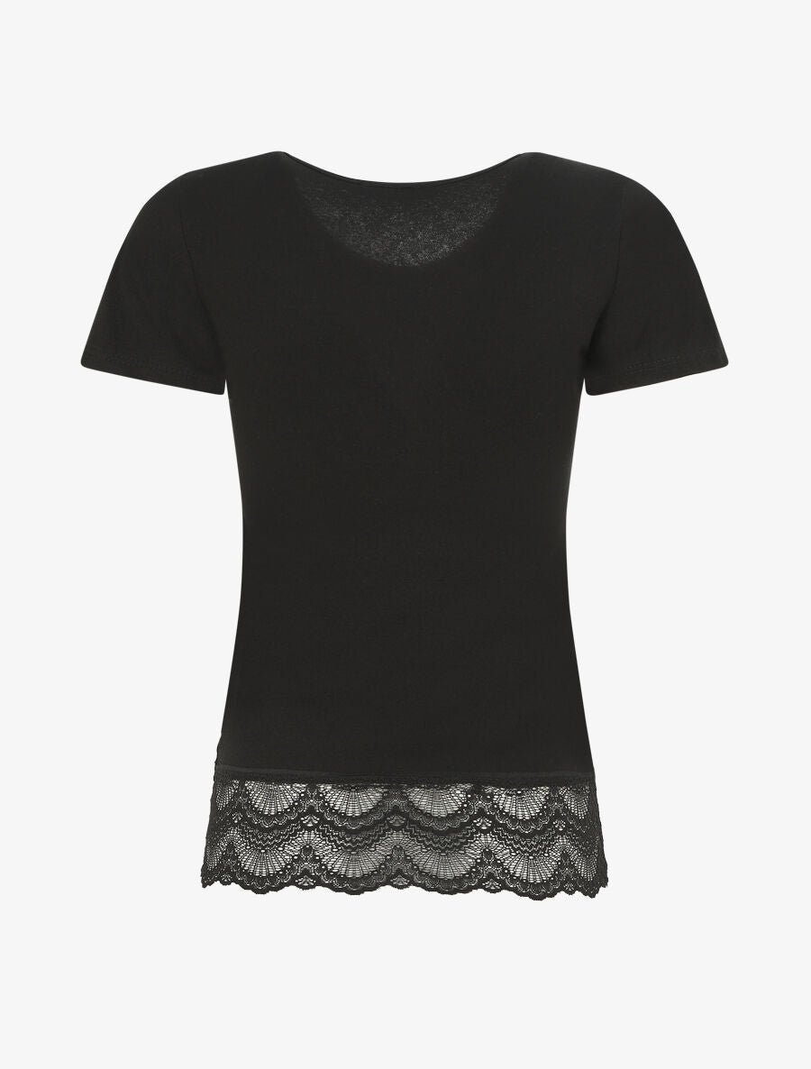 T-shirt uni et dentelle - Noir - 2