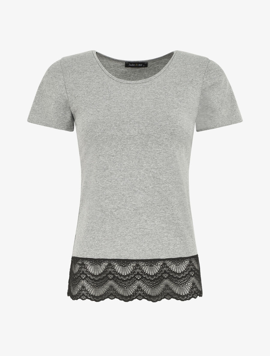 T-shirt uni et dentelle - Gris clair - 5