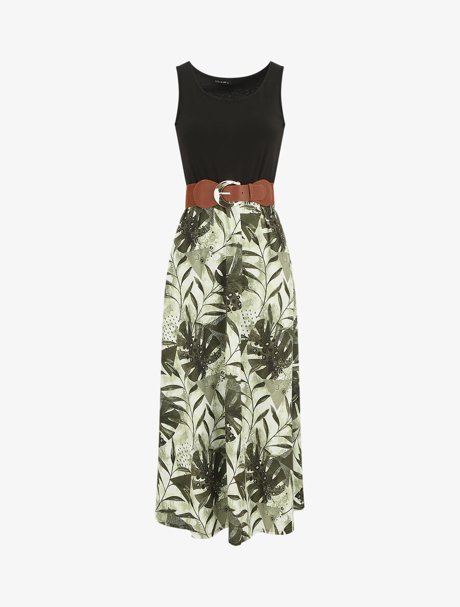 Robe longue sans manches imprimé tropical - Kaki - 5
