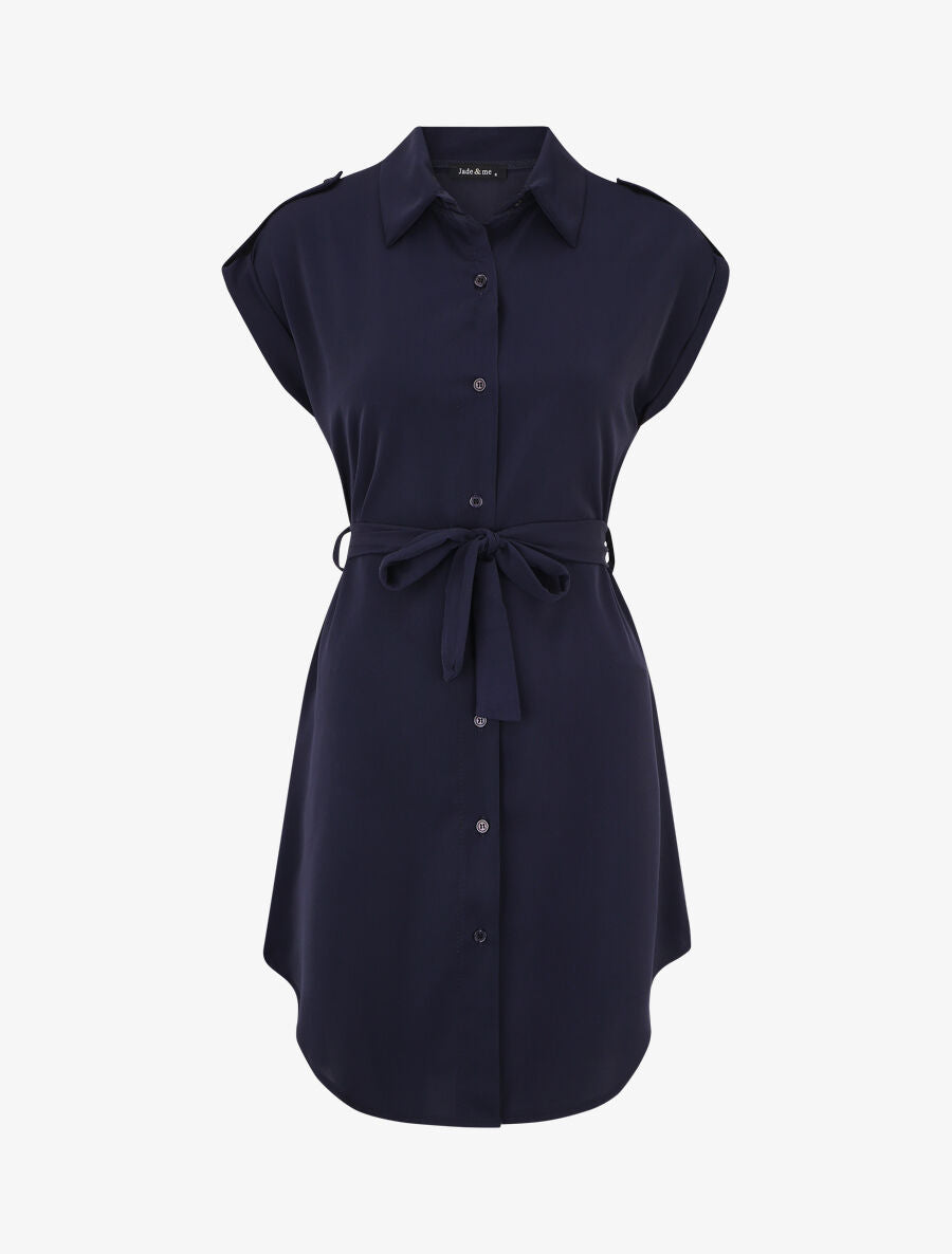 Robe chemise unie manches courtes - Marine - 1