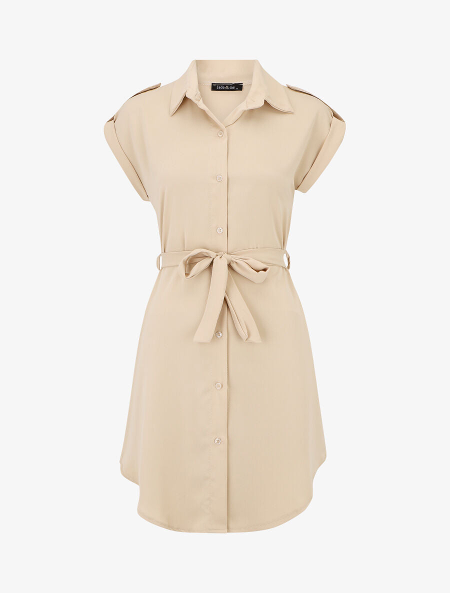 Robe chemise unie manches courtes - Beige - 4