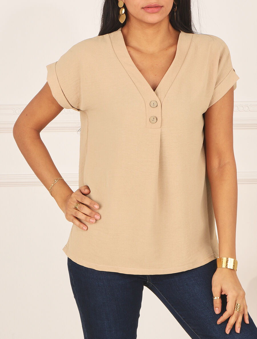 Top fluide uni manches courtes - Beige - 4