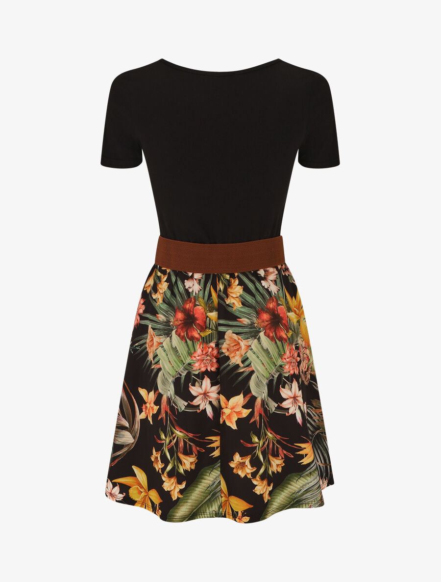 Robe mi-longue à imprimé fleurs tropicales - Noir - 2
