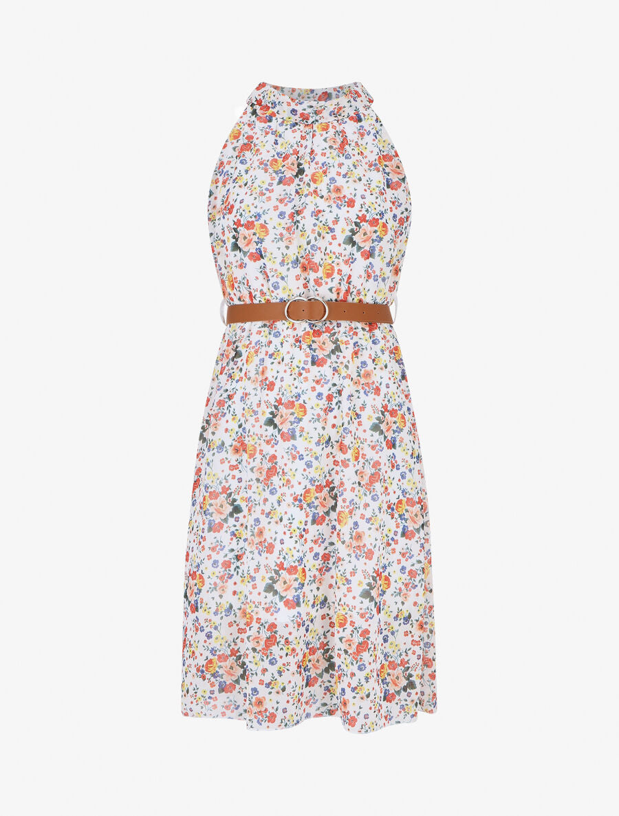 Robe sans manches évasée imprimé petites fleurs - Blanc - 1