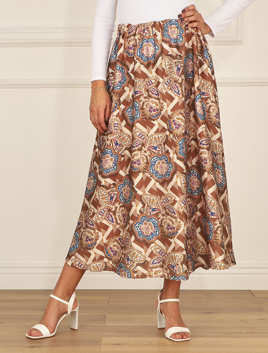 Jupe longue élastiquée à imprimé foulard - Marron - 4