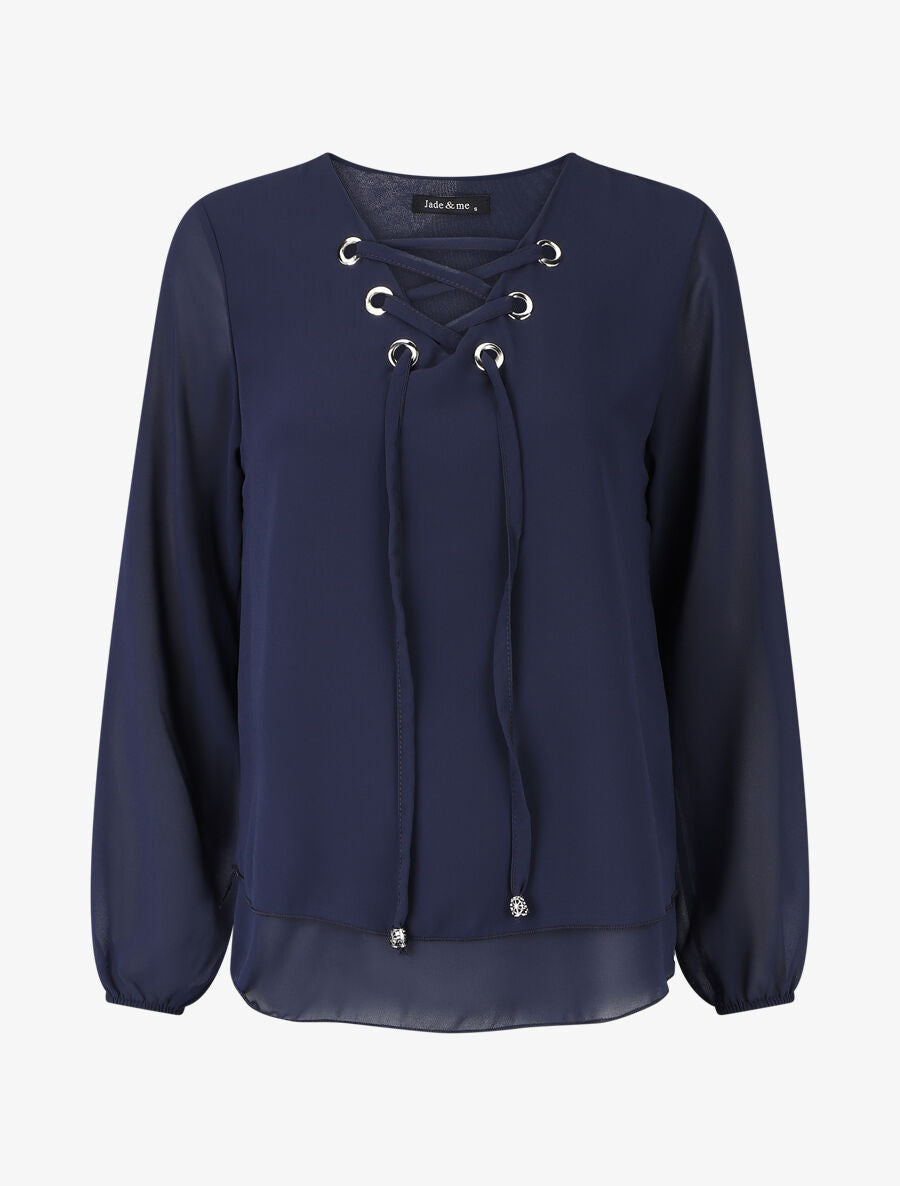 Blouse unie avec lacets - Marine - 5
