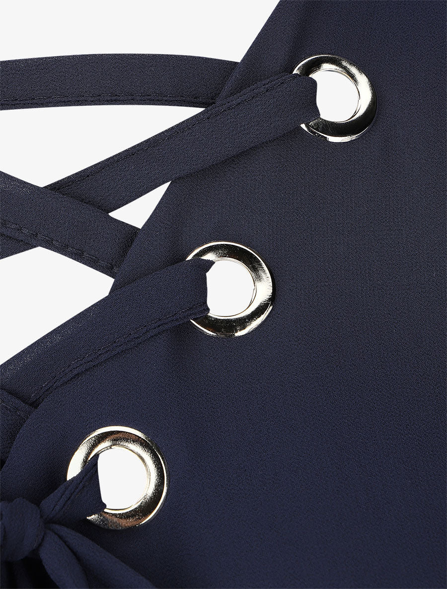 Blouse unie avec lacets - Marine - 3