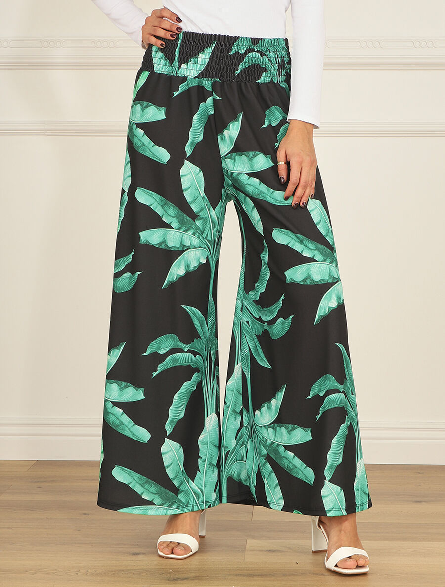 Pantalon ample élastiqué à imprimé feuilles - Noir - 4