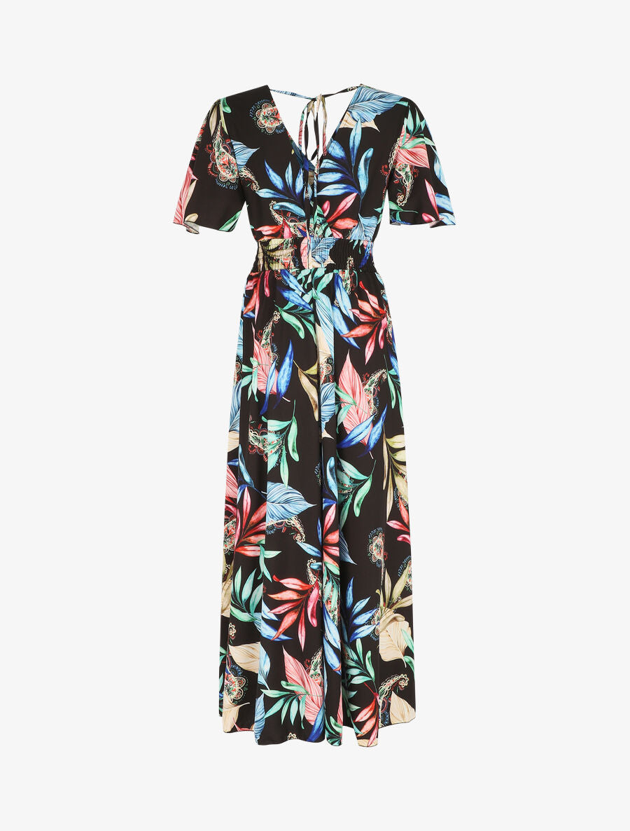 Robe longue imprimé fleuri à manches courtes - Noir - 2