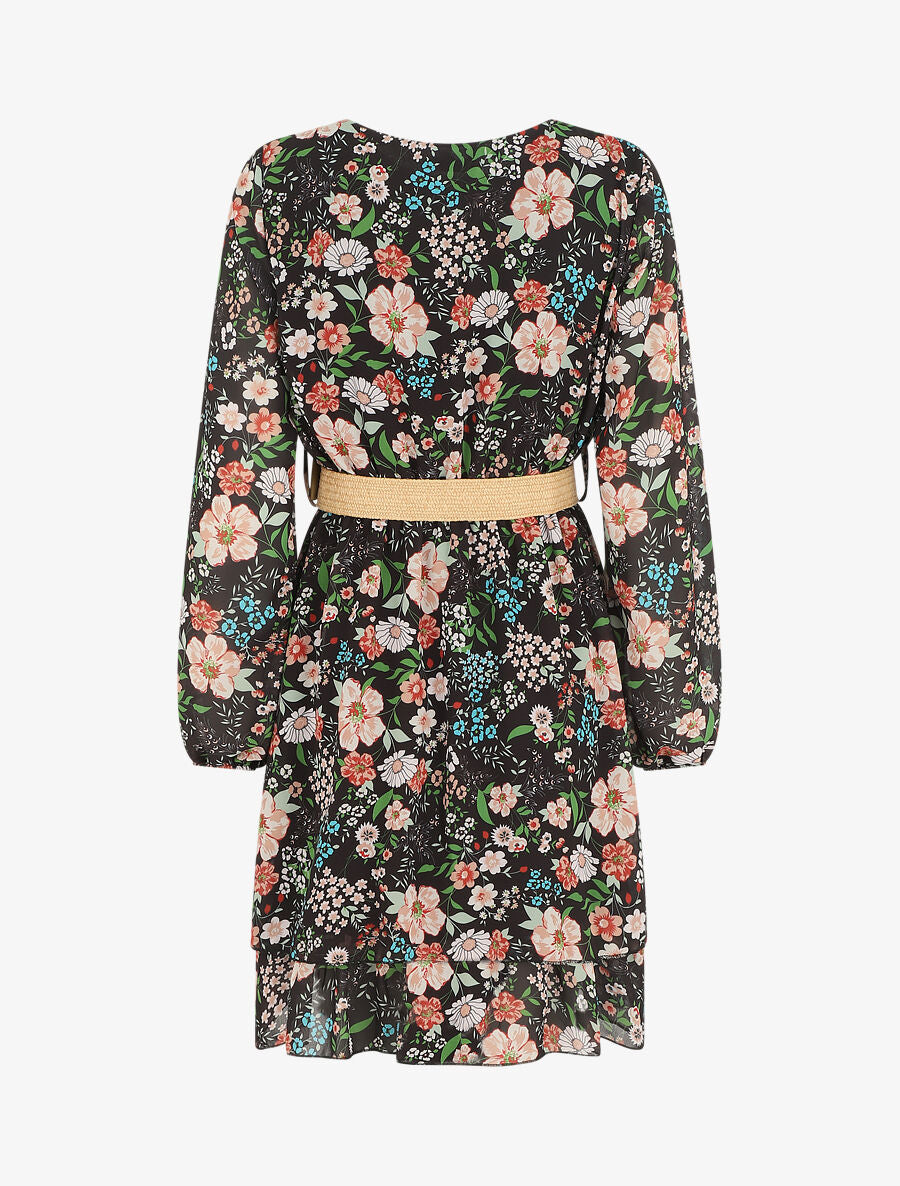 Robe imprimé fleuri à taille élastiquée - Noir - 2