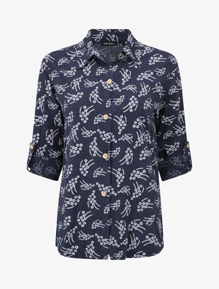 Chemise fleurie à manches longues - Marine - 1
