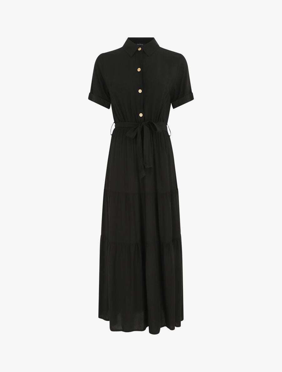 Robe longue unie style chemise - Noir - 1