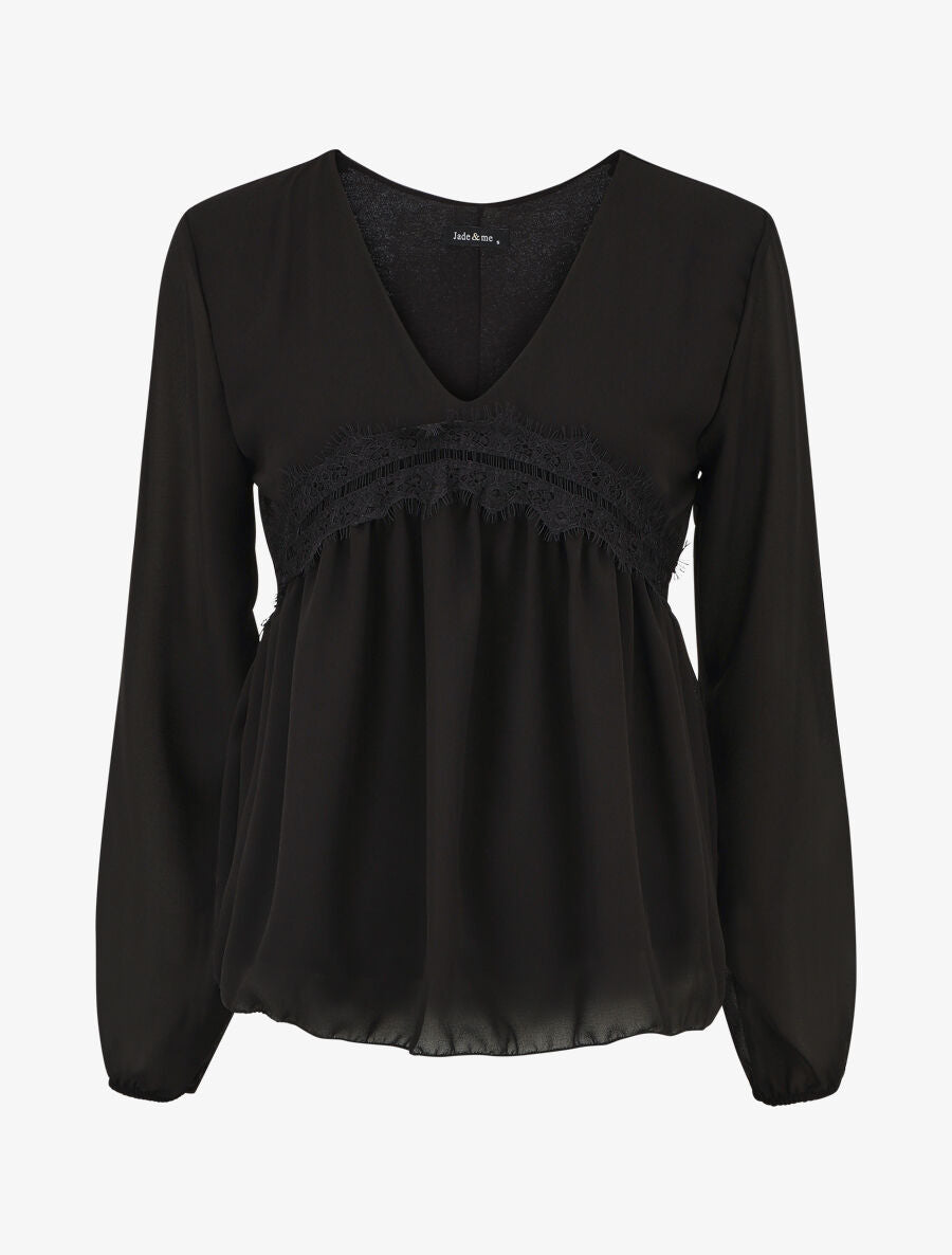 Blouse en voile et dentelle - Noir - 1