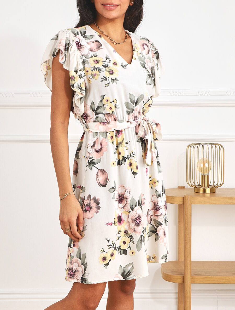 Robe mi-longue fleurie manches courtes volantées - Blanc - 4
