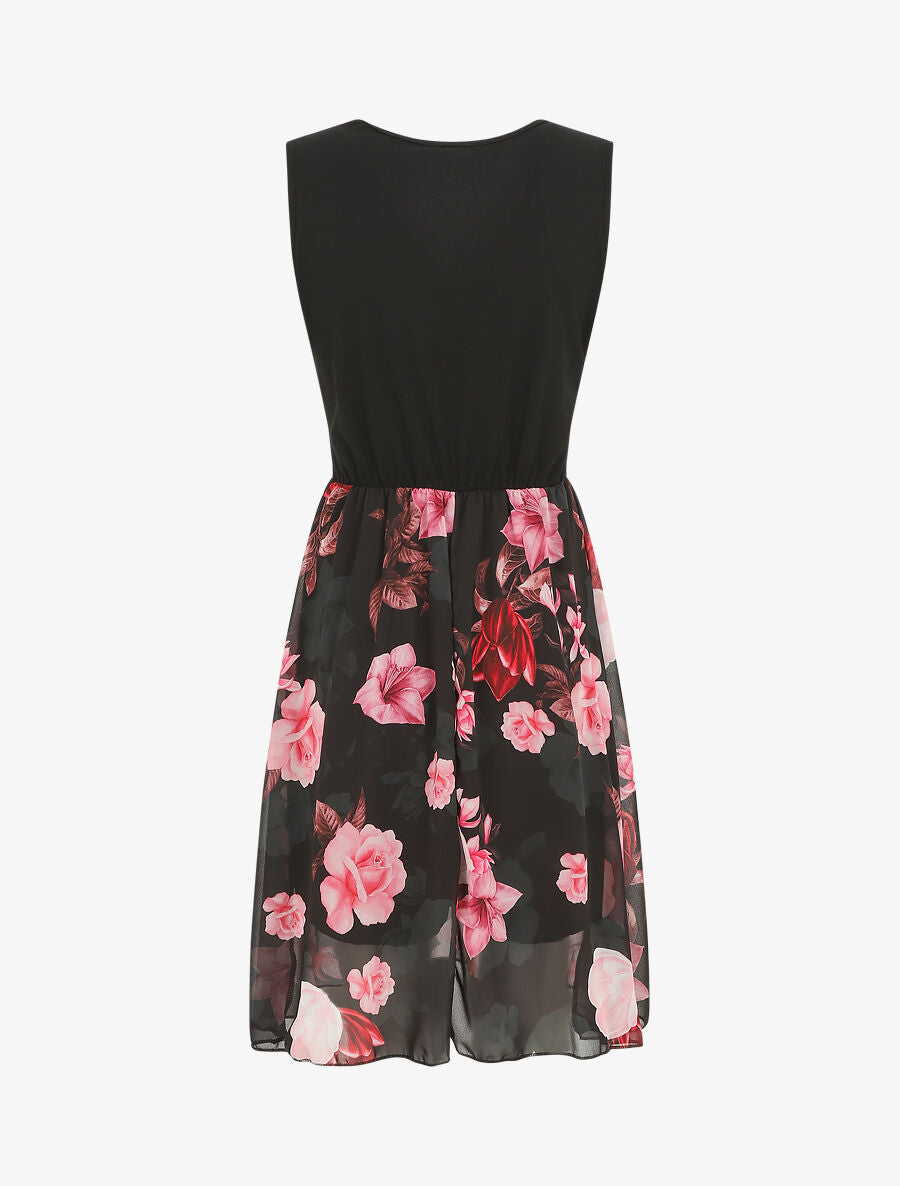 Robe mi-longue fleurie sans manches col cache-coeur - Noir - 2