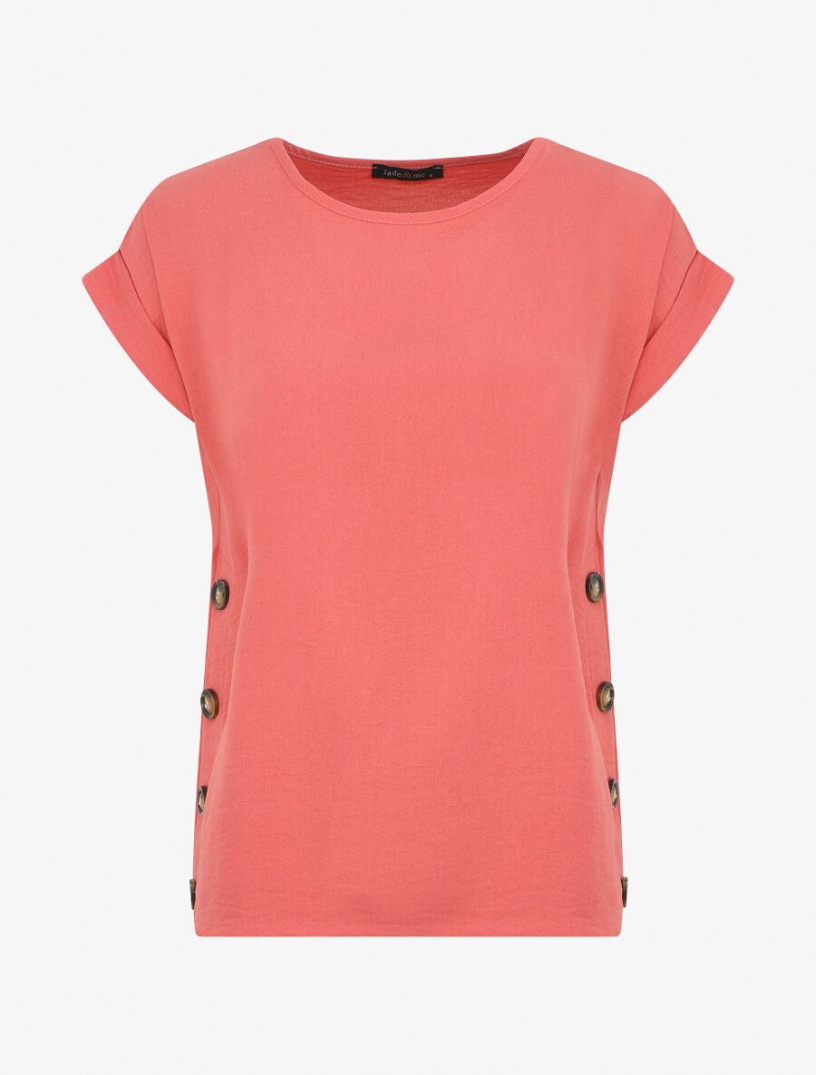 Top fluide uni boutonné à manches courtes - Rose - 1