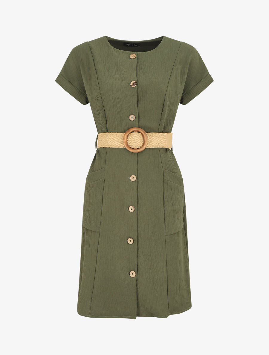 Robe courte unie boutonnée à manches courtes - Kaki - 1