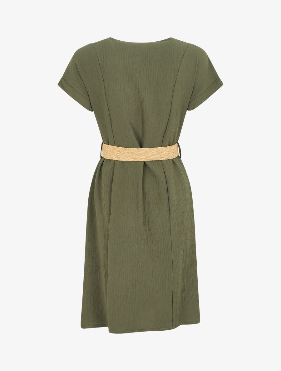 Robe courte unie boutonnée à manches courtes - Kaki - 2