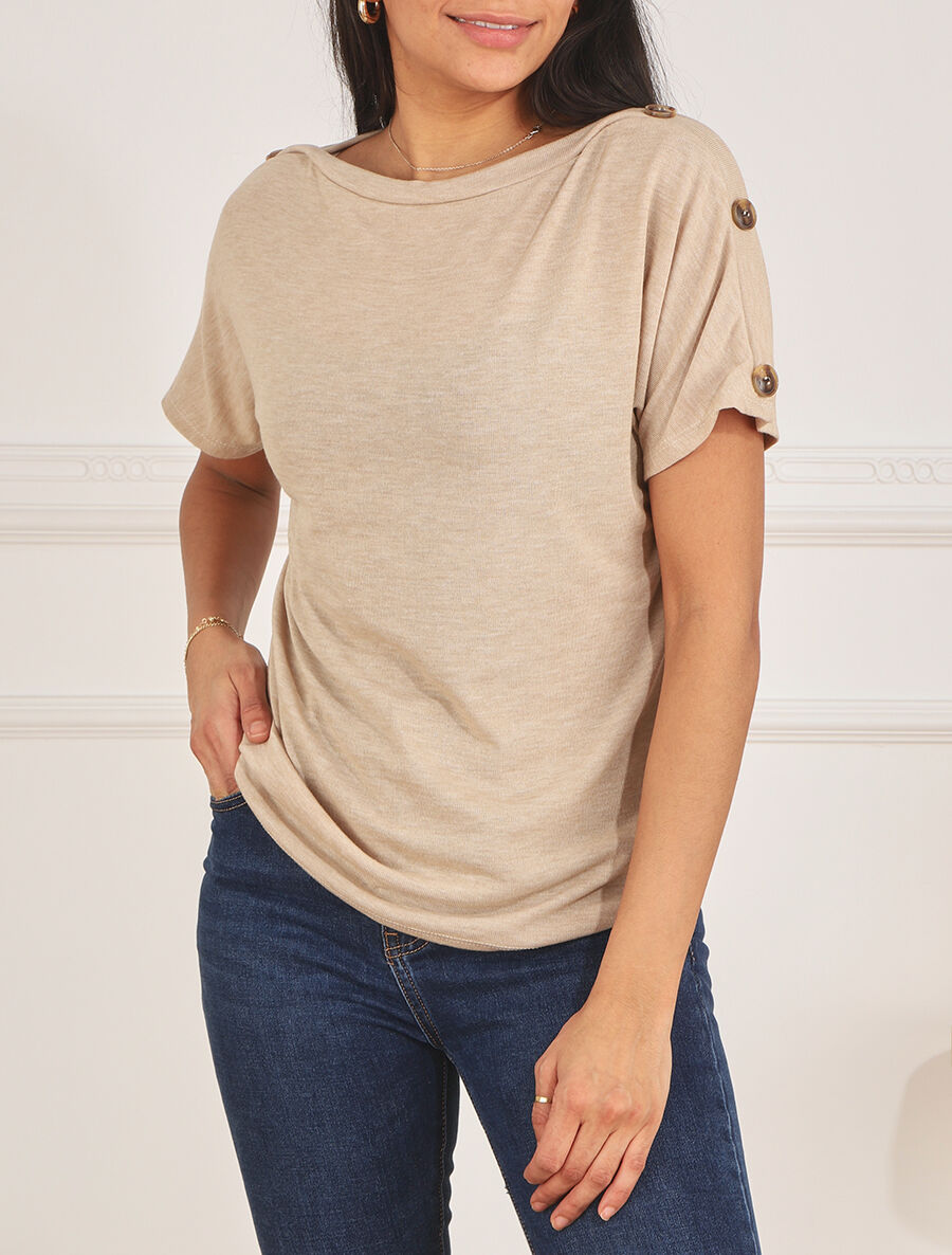 Top en maille droit à manches courtes boutonnées - Beige - 4