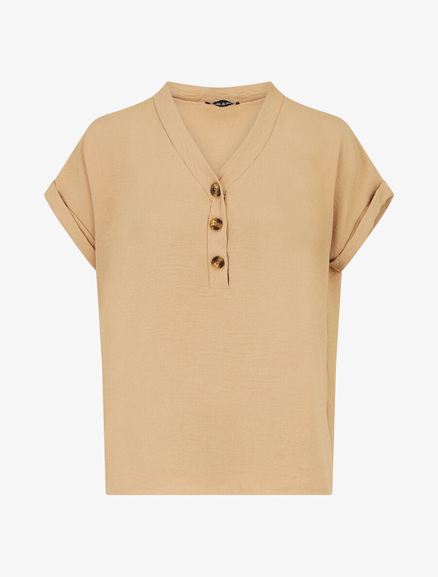Top droit col V boutonné manches courtes - Beige - 1