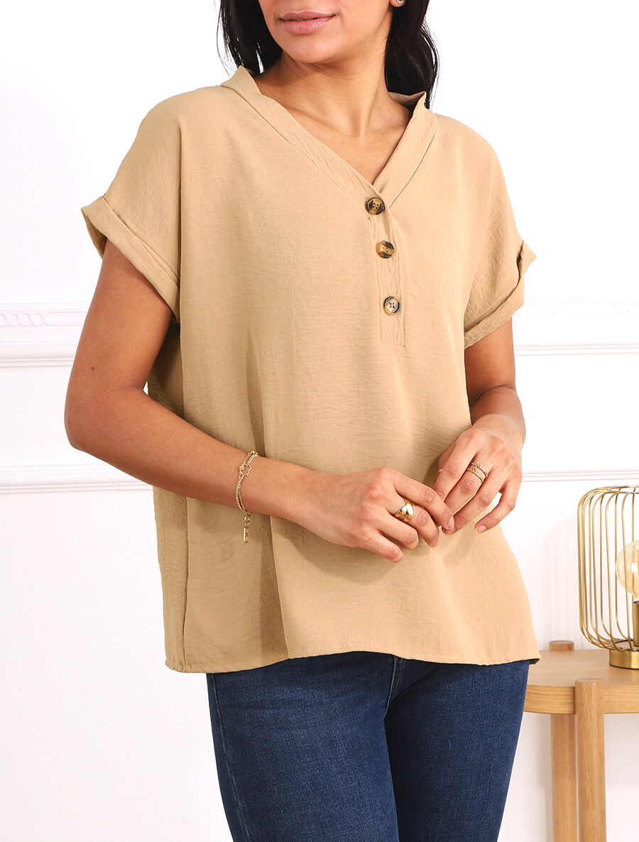 Top droit col V boutonné manches courtes - Beige - 4