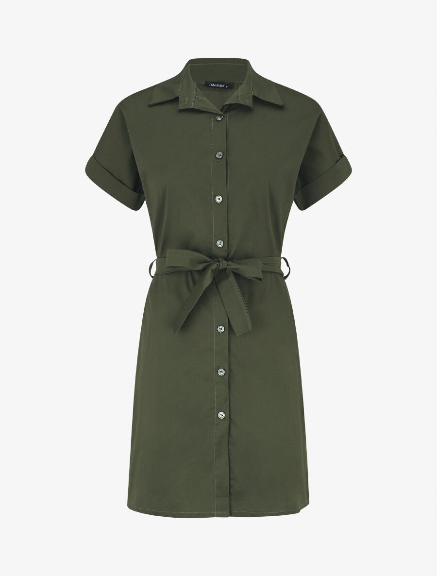 Robe chemise courte unie manches courtes - Kaki - 5