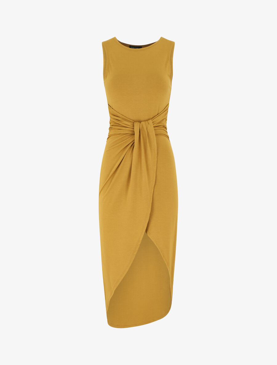 Robe drapée longue unie sans manches - Moutarde - 5